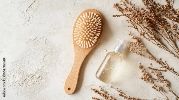 Fototapeta Wooden body brush and clear shampoo on soft neutral backdrop, minimalistic composition for wellness and personal care concept