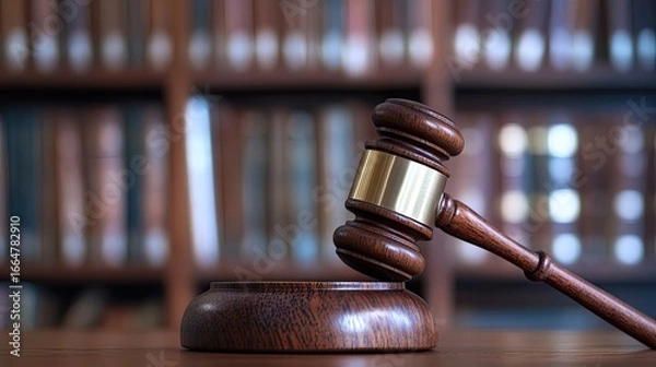 Fototapeta Wooden gavel placed on sound block with blurred background of legal library, symbolizing authority, law, and order