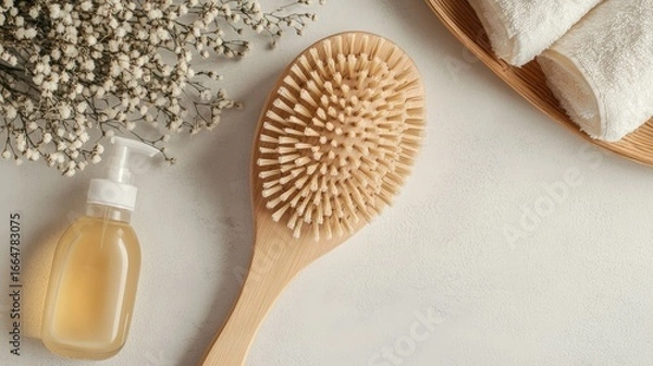 Fototapeta Wooden massage brush with bristles and liquid shampoo bottle, arranged neatly on neutral background for bathroom styling