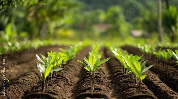 Fototapeta Young palm oil tree seedlings planted in neat rows, capturing early plantation growth and sustainable agriculture practices