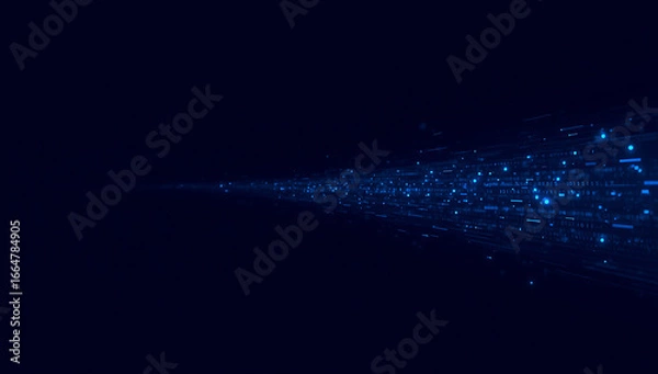 Fototapeta Abstract blue digital data stream flowing from darkness into light with glowing particles and light trails