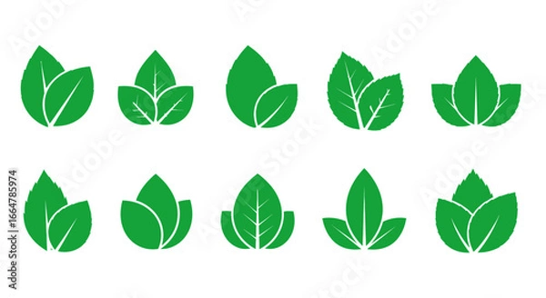 Fototapeta Collection of stylized green leaf icons representing nature and growth