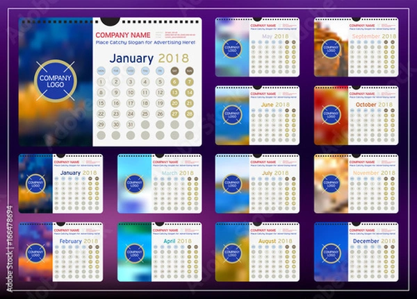 Fototapeta Wall or Desk Monthly Calendar for Year 2018. Vector Design Template with Space for Photo and Corporate elements. Landscape Orientation. Set of 12 Months. Week starts monday. 