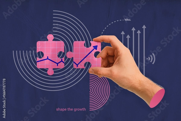Obraz Business growth collage with a hand holding a puzzle. Concept of connecting ideas and building success. Modern poster of high technology and collaboration.