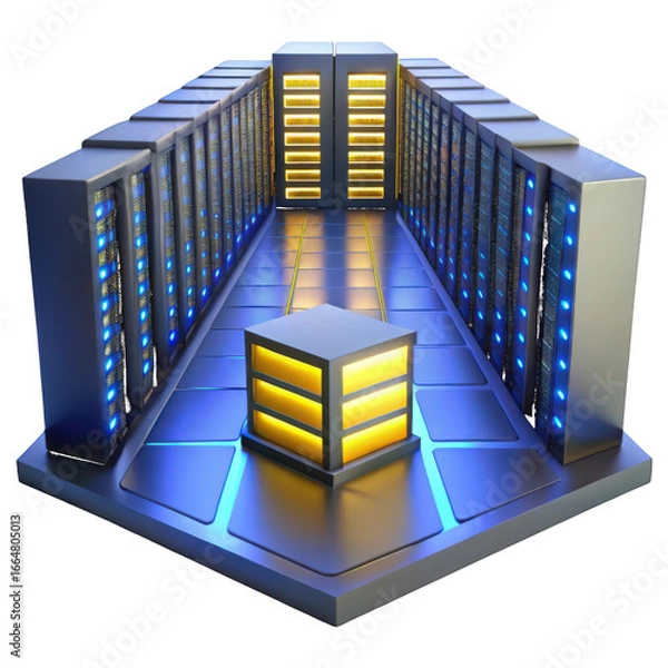 Obraz Server Room with Glowing Blue and Yellow Lights rack
