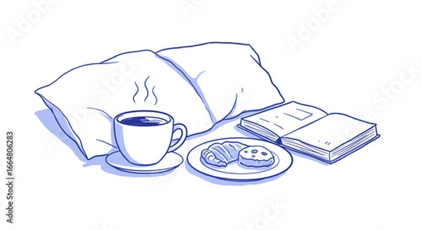 Fototapeta Cozy relaxation with coffee, cookies, and open book in simple blue linear style
