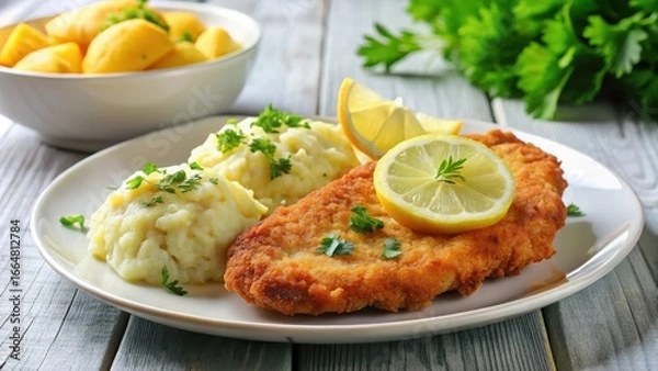 Fototapeta Breaded and fried cutlet dish served with creamy mashed potatoes and garnished with fresh parsley and a slice of lemon, atop a crisp white plate , lemon, kitchen table