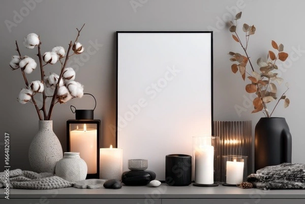 Fototapeta Decorative arrangement with candles, vases, and plants on a grey surface.