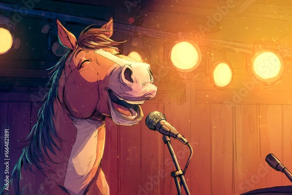 Obraz Horse in singing a  microphone 