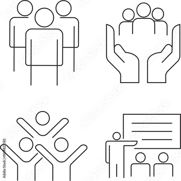 Obraz Teamwork and Community Support Icons Representing Collaboration, Care, and Learning.
