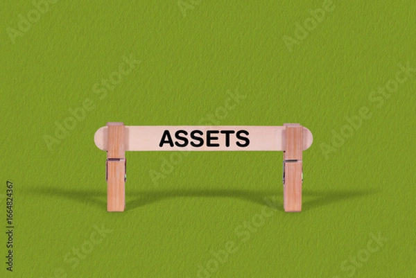 Fototapeta Assets symbol. Wooden stick anchored by Clothespins, Cool Green Background. Business and Assets concept with copy space