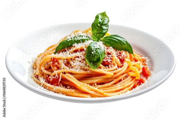 Fototapeta Spaghetti with tomato sauce and basil leaves served on a white plate against a black background on transparent background