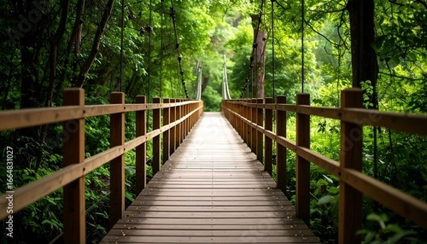 Fototapeta A peaceful wooden suspension bridge extends through a lush green forest, inviting tranquility and a sense of serenity.
