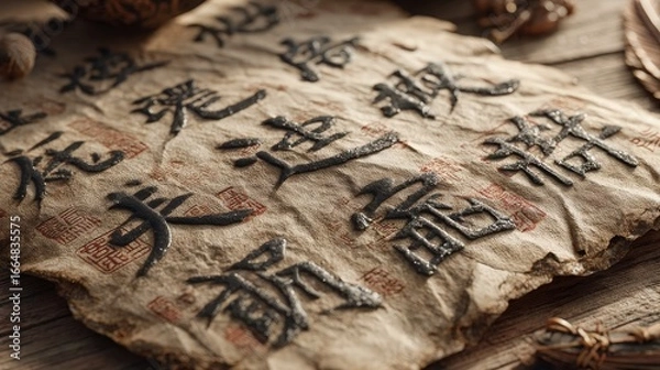 Fototapeta Ancient script on weathered parchment reveals rich cultural history and artistry