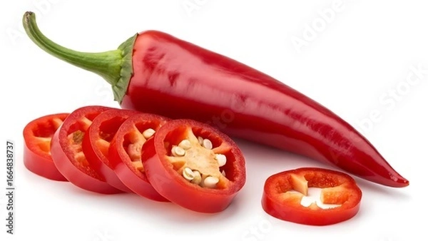 Obraz Vibrant red chili pepper sliced and whole on white background