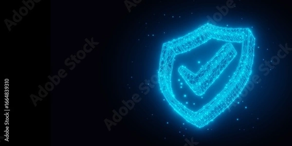 Fototapeta Blue wireframe shield outline with checkmark on dark black background, business security, protection or digital safety template concept