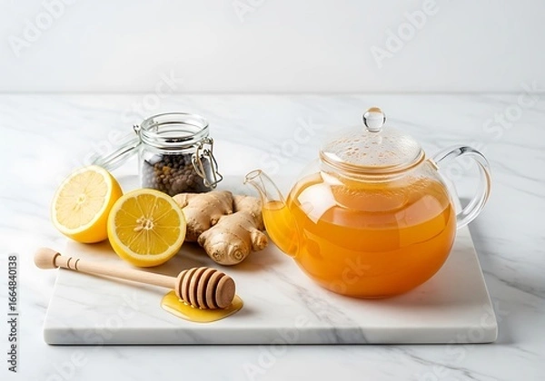 Fototapeta Refreshing Lemon Ginger Tea with Honey for Wellness