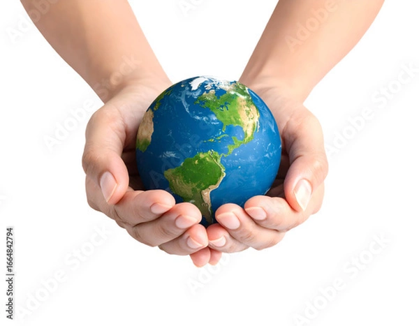 Fototapeta Human hands tenderly holding a miniature Earth, representing global responsibility and environmental protection.