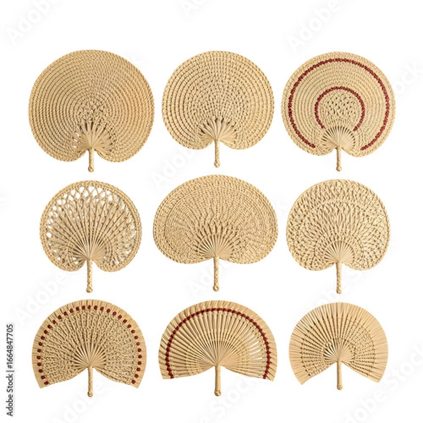 Obraz Nine woven raffia hand fans are arranged in a 3x3 grid on white or transparent background