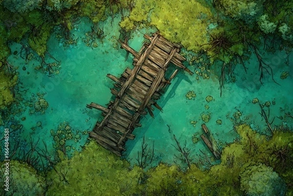 Fototapeta DnD Battlemap battlemap in toxic bog - Surrounded by greenery, battlemap shows a hazardous setting_remains of a bridge in a murky swamp.	