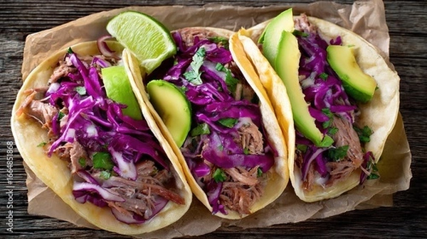 Obraz 素朴な木製の表面に、豚肉、アボカド、赤キャベツが入ったメキシコのストリートタコスが鮮やかに展示されています
