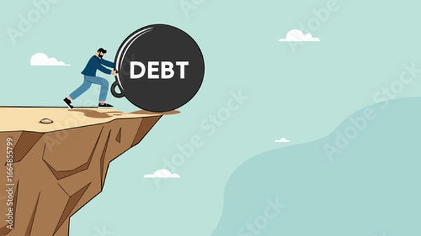 Obraz pay off business debt, reduce the burden of obligations, deficit or borrowing due, managing debt, responsibility to pay debtor, businessman pushes the debt burden ball into the canyon