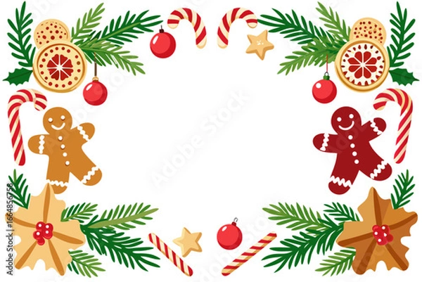 Fototapeta Christmas festive border frame with gingerbread cookies candy canes pine branches and ornaments decoration