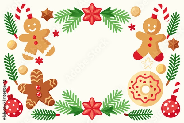 Fototapeta Christmas festive border frame with gingerbread cookies candy canes pine branches and ornaments decoration