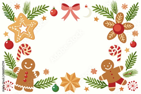Fototapeta Christmas festive border frame with gingerbread cookies candy canes pine branches and ornaments decoration