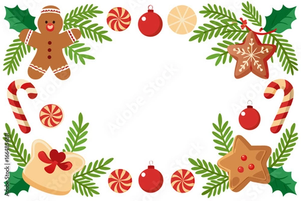 Fototapeta Christmas festive border frame with gingerbread cookies candy canes pine branches and ornaments decoration