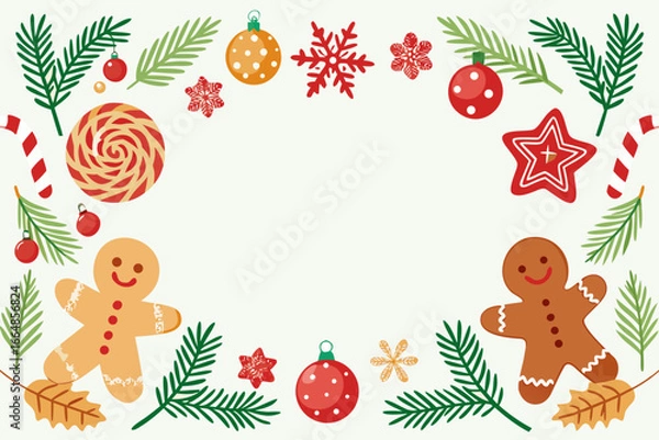Fototapeta Christmas festive border frame with gingerbread cookies candy canes pine branches and ornaments decoration