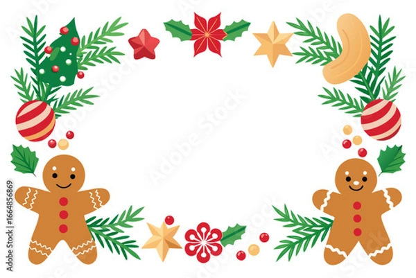Fototapeta Christmas festive border frame with gingerbread cookies candy canes pine branches and ornaments decoration