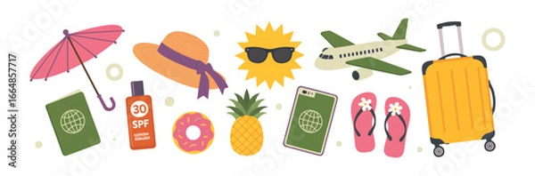 Fototapeta Vector art of summer vacation essentials a colorful illustration showcasing items like a suitcase, airplane, passport, sunglasses, and beach accessories