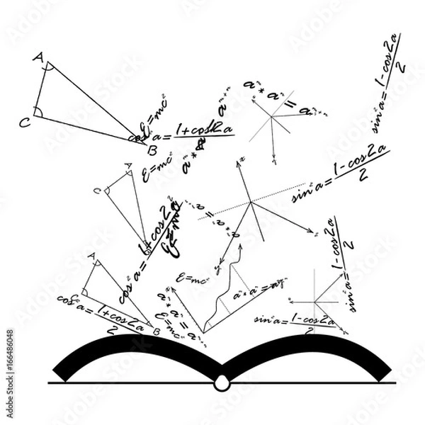 Fototapeta Open Knowledge Book with mathematical and physical formulas, vector.