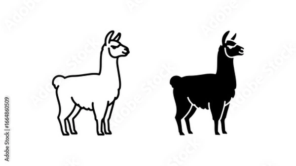 Fototapeta Stylized Black Silhouette and White Outline Llama Illustrations on White Background