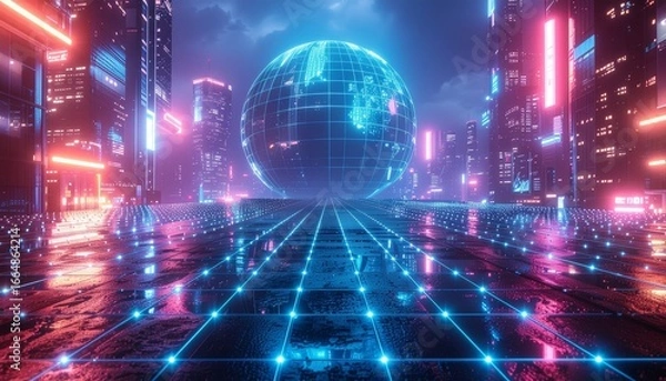 Fototapeta Futuristic Neon Grid Background with Glowing Blue and Purple Lines