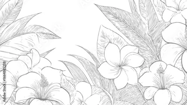 Fototapeta Botanical themed hand drawn flowers print seamless pattern old vintage calligraphy style grey pattern on white background, sketch style