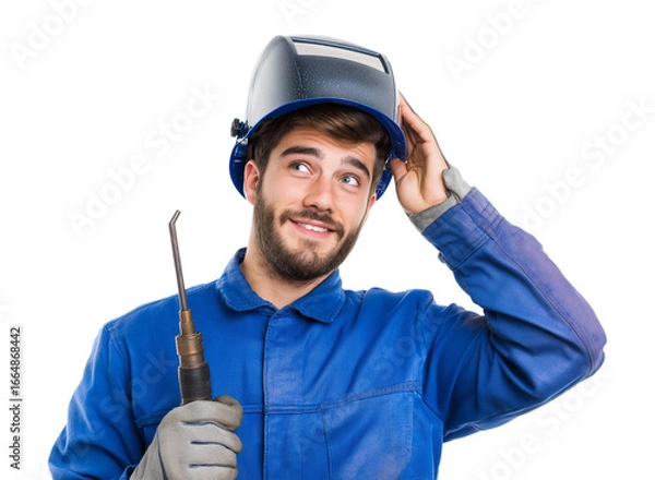 Fototapeta Smiling Young Welder Adjusting Helmet with Torch, Looking Up Thoughtfully isolated on a transparent background