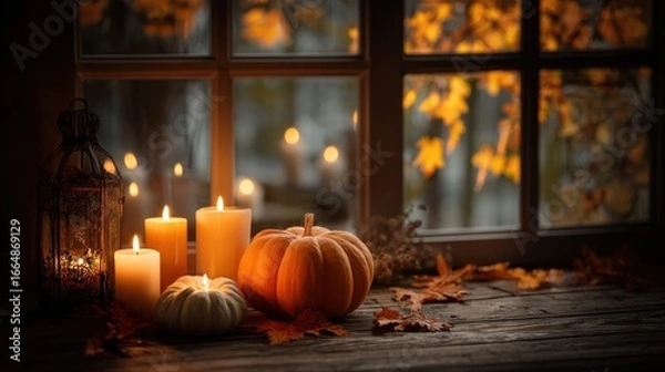 Fototapeta Halloween pumpkins and flickering candles arranged on a wooden table, with autumn leaves outside the window, creating a cozy, festive atmosphere for seasonal celebrations.