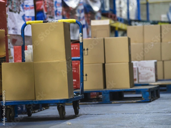 Fototapeta Shipment, logistics, delivery and product distribution business industrial concept: storage warehouse with row of stacked cardboard boxes with packed goods on wooden shipping pallets isolated on white
