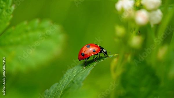 Fototapeta A vibrant red ladybug with black spots crawls delicately on a green leaf, its tiny legs gripping the surface as it explores its natural habitat