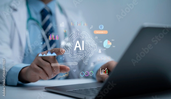 Fototapeta Doctor using laptop with AI interface, medical data visualization and analytics icons, representing artificial intelligence in healthcare, smart hospital technology and patient care
