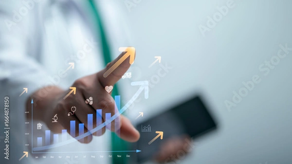 Fototapeta Doctor pointing at rising bar chart with medical icons and growth arrows, representing healthcare analytics, hospital performance improvement and medical business success strategy