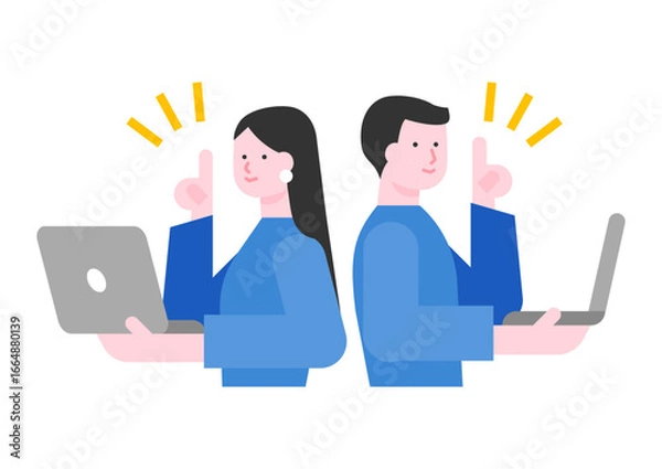 Obraz パソコンを使う男女ビジネスチームとひらめき