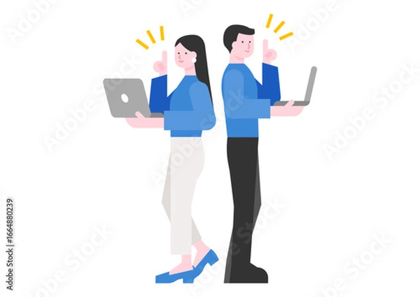 Obraz パソコンを使う男女ビジネスチームとひらめき
