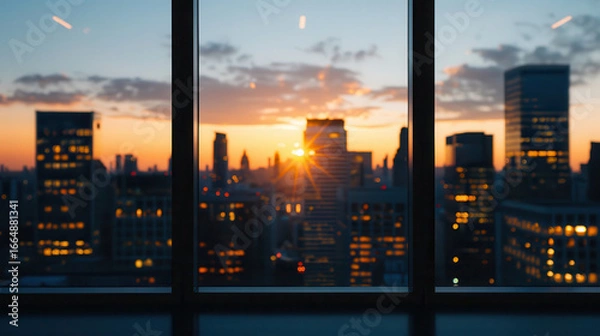 Fototapeta A city skyline with a sun setting in the background