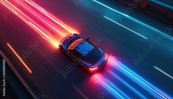 Fototapeta Car racing down highway with colorful light trails. Vibrant colors illuminate speed and urban energy. Sleek black car moves along asphalt road. Red and blue light streaks create dynamic atmosphere.