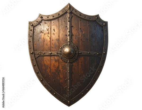 Fototapeta Ancient medieval wooden shield with metal reinforcements and a central emblem