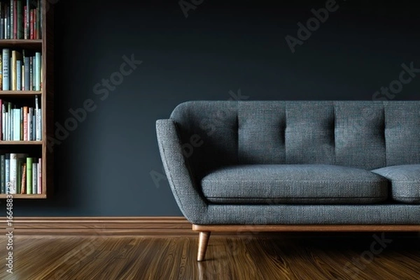 Fototapeta Dark-toned room featuring a couch and bookshelf.