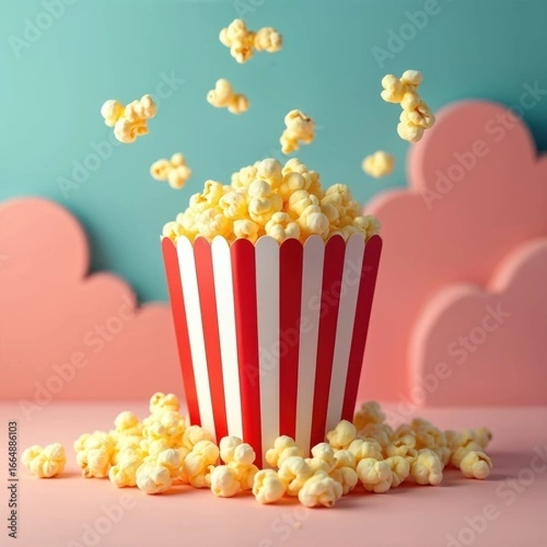 Fototapeta Popcorn explosion scene. Red, white striped bucket filled with popcorn spills onto floor. Yellow, white kernels create motion, excitement. Gradient blue, pink background provides vibrant contrast.